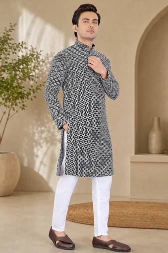 Black color handcrafted luckhnawi chikankari cotton men's kurta payjama set