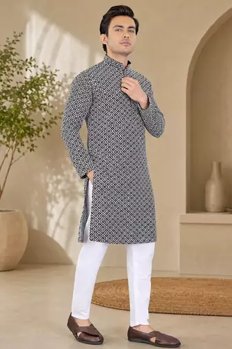 Black color handcrafted luckhnawi chikankari cotton men's kurta payjama set
