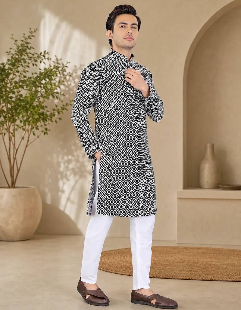 Black color handcrafted luckhnawi chikankari cotton men's kurta payjama set