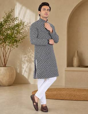 Black color handcrafted luckhnawi chikankari cotton men's kurta payjama set 2