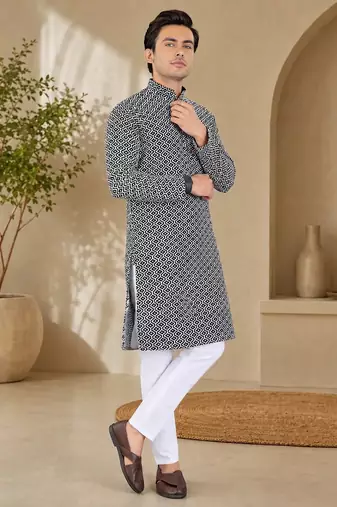 Black color handcrafted luckhnawi chikankari cotton men's kurta payjama set