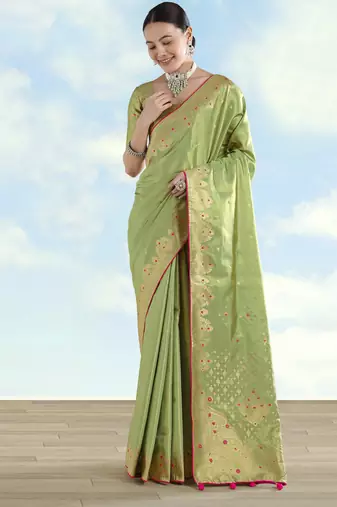 pista silk blend banarasi jacuard work saree with unstitched blouse piece