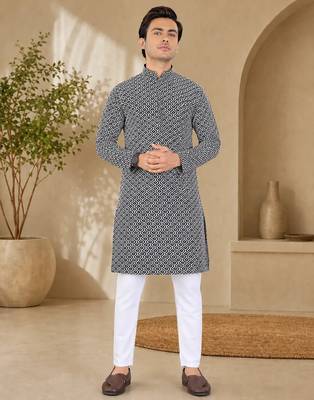 Black color handcrafted luckhnawi chikankari cotton men's kurta payjama set 3