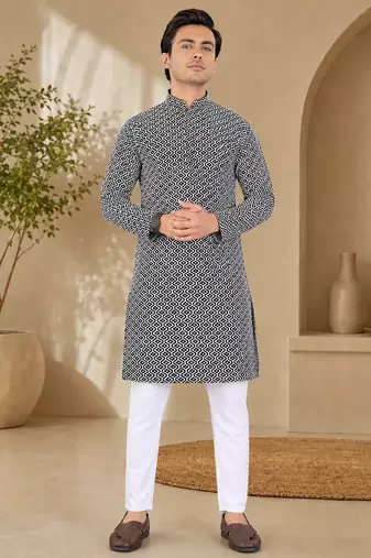 Black color handcrafted luckhnawi chikankari cotton men's kurta payjama set
