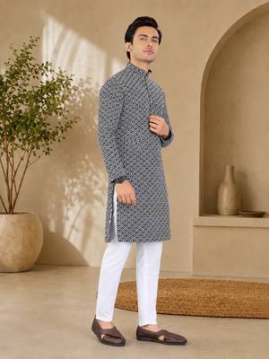 Black color handcrafted luckhnawi chikankari cotton men's kurta payjama set 4