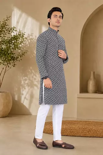 Black color handcrafted luckhnawi chikankari cotton men's kurta payjama set