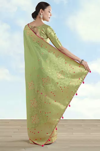 pista silk blend banarasi jacuard work saree with unstitched blouse piece