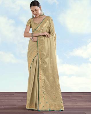 cream silk blend banarasi jacuard work saree with unstitched blouse piece 1