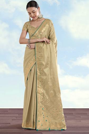 cream silk blend banarasi jacuard work saree with unstitched blouse piece