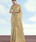 cream silk blend banarasi jacuard work saree with unstitched blouse piece