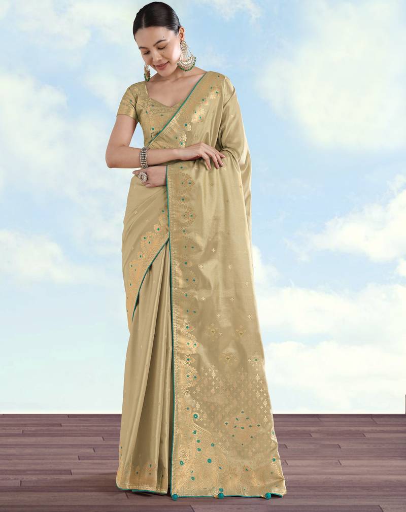 cream silk blend banarasi jacuard work saree with unstitched blouse piece