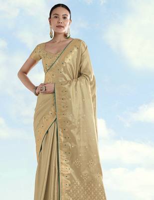 cream silk blend banarasi jacuard work saree with unstitched blouse piece 2