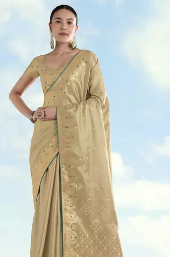cream silk blend banarasi jacuard work saree with unstitched blouse piece