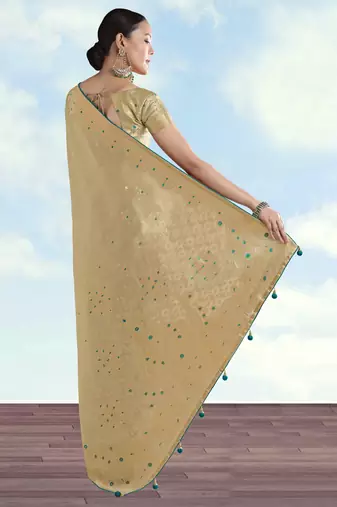 cream silk blend banarasi jacuard work saree with unstitched blouse piece