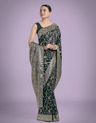 green silk blend banarasi jacuard work saree with unstitched blouse piece 1