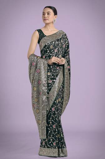 green silk blend banarasi jacuard work saree with unstitched blouse piece