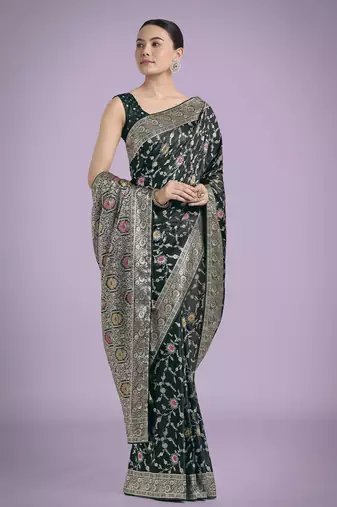 green silk blend banarasi jacuard work saree with unstitched blouse piece