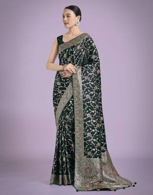 green silk blend banarasi jacuard work saree with unstitched blouse piece 2