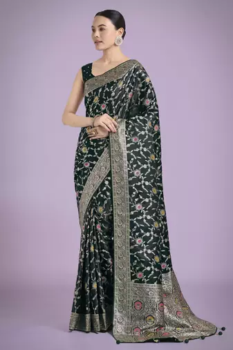 green silk blend banarasi jacuard work saree with unstitched blouse piece