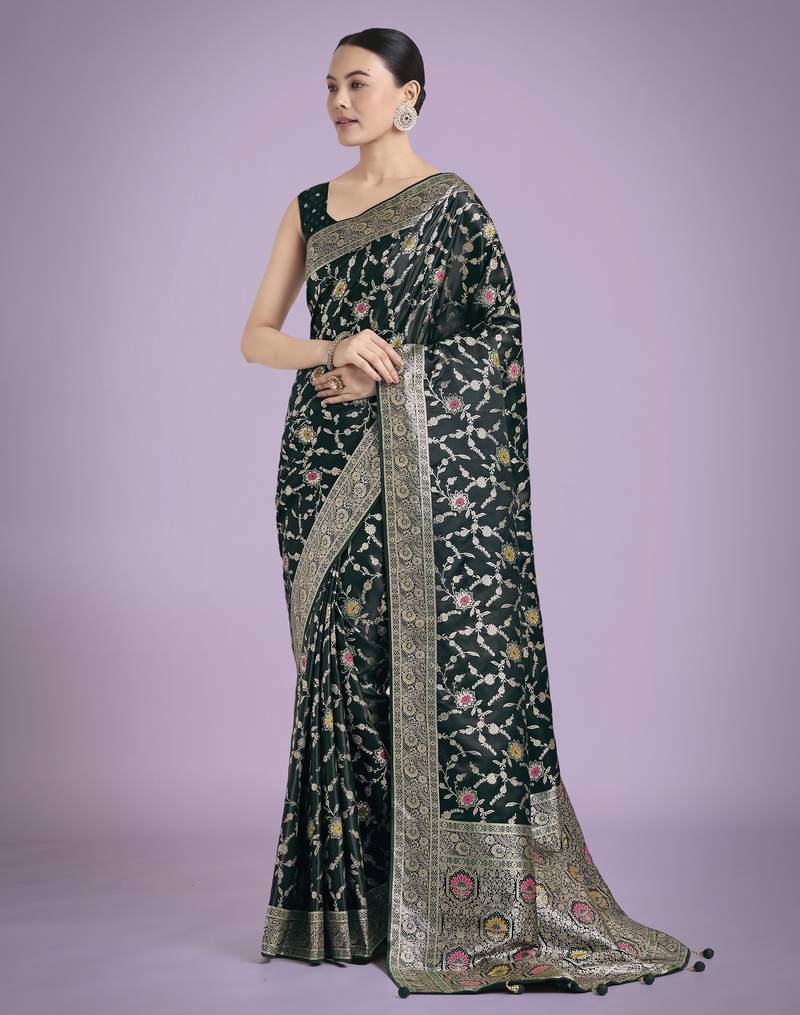 green silk blend banarasi jacuard work saree with unstitched blouse piece