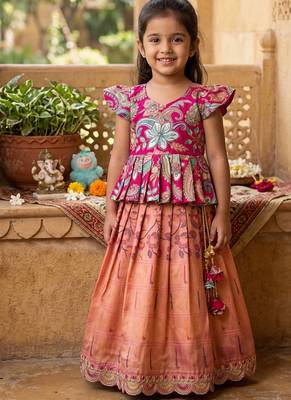 Kids tissue silk embroidered lehenga choli with mission work blouse 1