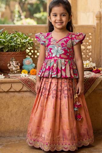 Kids tissue silk embroidered lehenga choli with mission work blouse