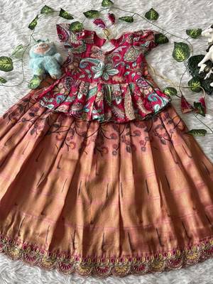 Kids tissue silk embroidered lehenga choli with mission work blouse 2