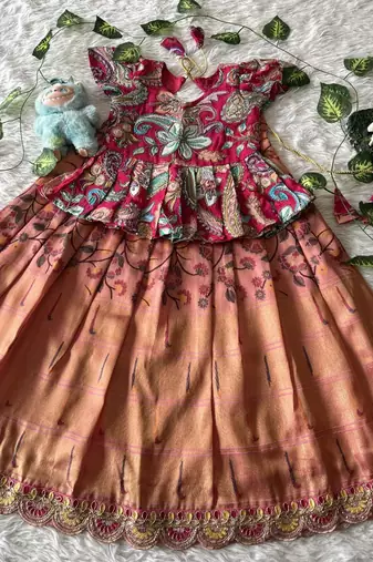 Kids tissue silk embroidered lehenga choli with mission work blouse