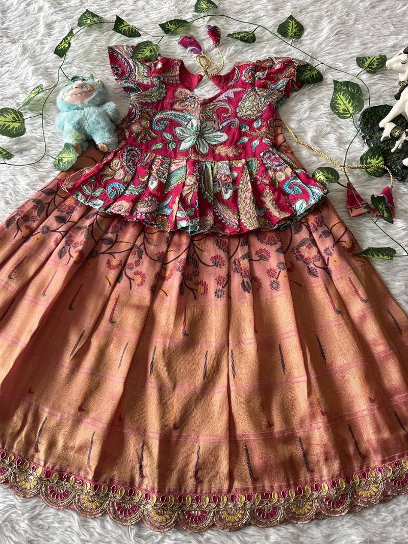 Kids tissue silk embroidered lehenga choli with mission work blouse