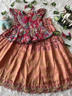 Kids tissue silk embroidered lehenga choli with mission work blouse 3