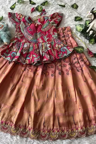 Kids tissue silk embroidered lehenga choli with mission work blouse