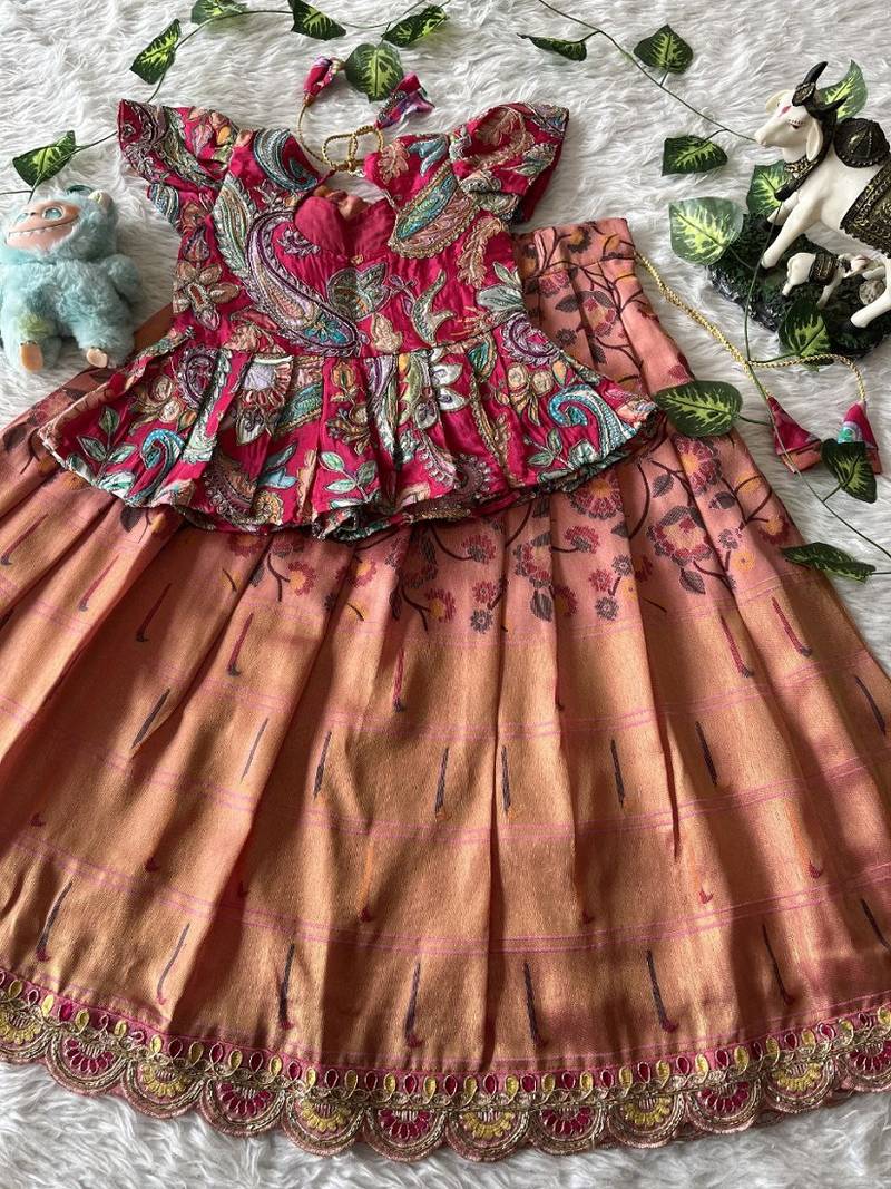 Kids tissue silk embroidered lehenga choli with mission work blouse