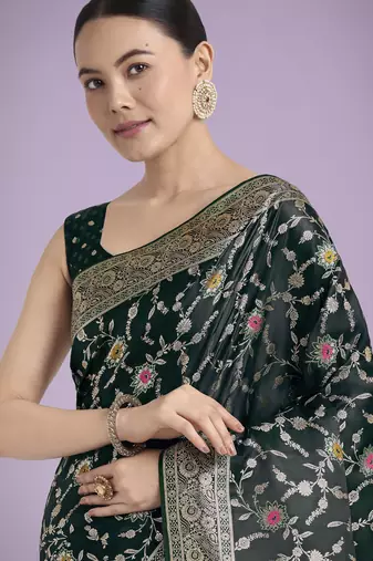 green silk blend banarasi jacuard work saree with unstitched blouse piece