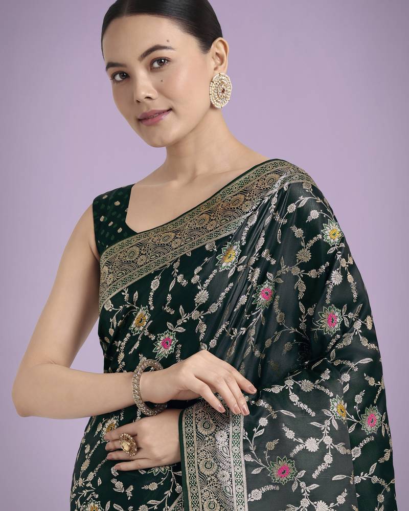 green silk blend banarasi jacuard work saree with unstitched blouse piece