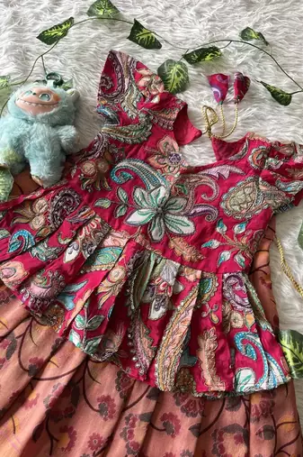 Kids tissue silk embroidered lehenga choli with mission work blouse