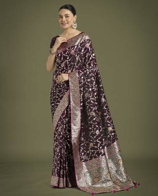wine silk blend banarasi jacuard work saree with unstitched blouse piece 1
