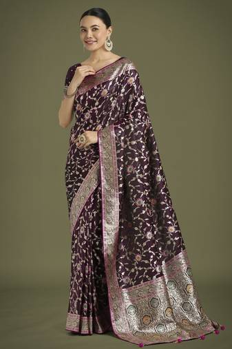 wine silk blend banarasi jacuard work saree with unstitched blouse piece