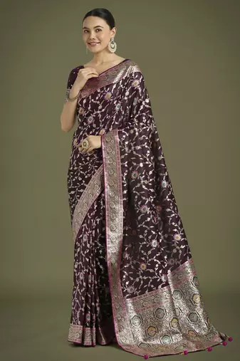 wine silk blend banarasi jacuard work saree with unstitched blouse piece