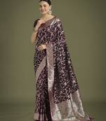 wine silk blend banarasi jacuard work saree with unstitched blouse piece