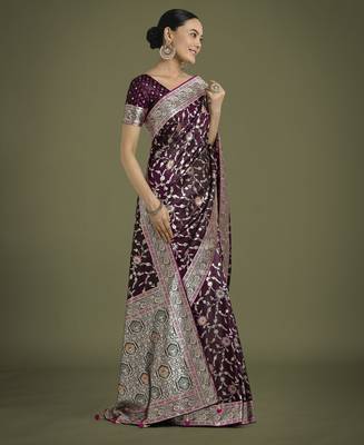 wine silk blend banarasi jacuard work saree with unstitched blouse piece 2