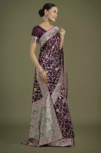 wine silk blend banarasi jacuard work saree with unstitched blouse piece