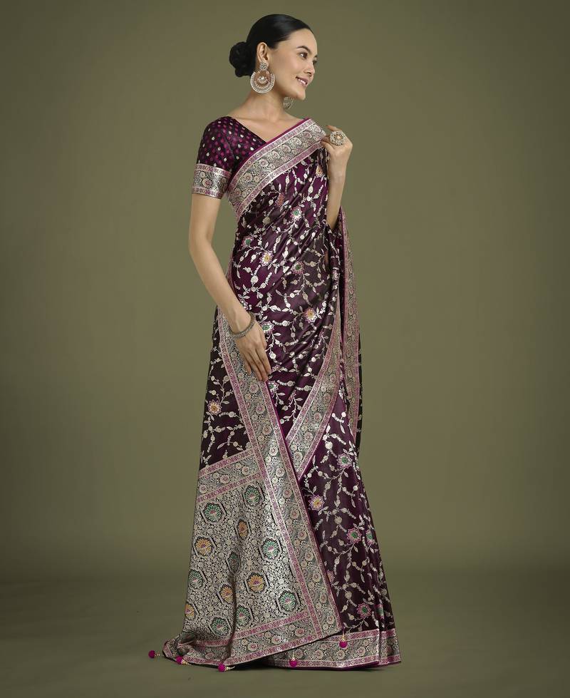 wine silk blend banarasi jacuard work saree with unstitched blouse piece