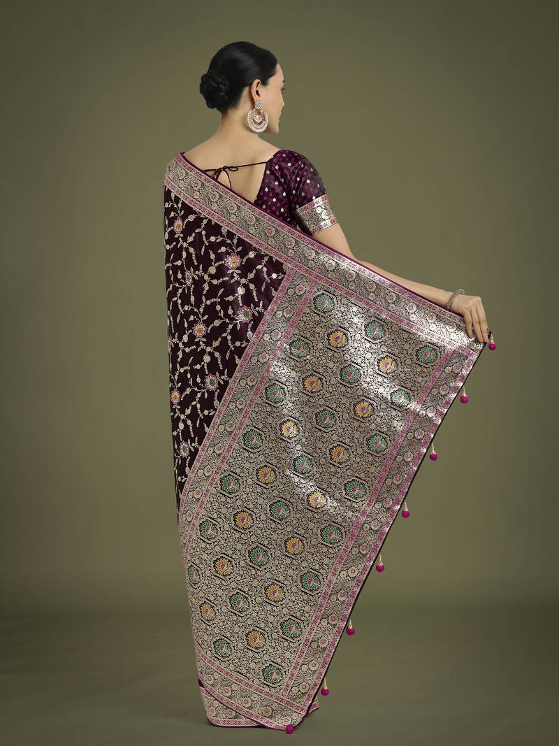 wine silk blend banarasi jacuard work saree with unstitched blouse piece