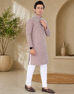 Brown color handcrafted luckhnawi chikankari cotton men's kurta payjama set 1
