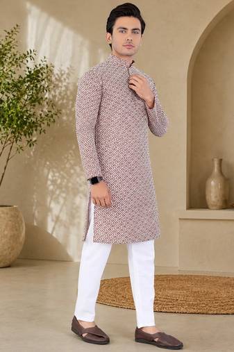 Brown color handcrafted luckhnawi chikankari cotton men's kurta payjama set