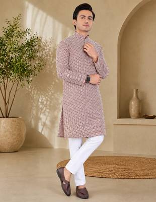 Brown color handcrafted luckhnawi chikankari cotton men's kurta payjama set 2