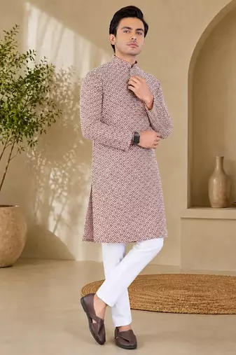 Brown color handcrafted luckhnawi chikankari cotton men's kurta payjama set