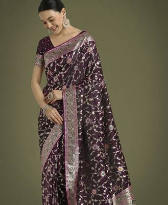 wine silk blend banarasi jacuard work saree with unstitched blouse piece 4