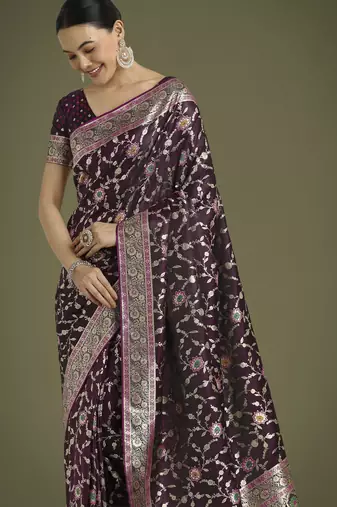 wine silk blend banarasi jacuard work saree with unstitched blouse piece