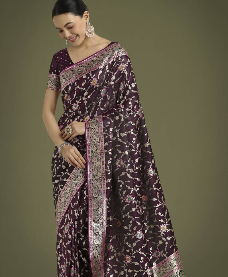 wine silk blend banarasi jacuard work saree with unstitched blouse piece